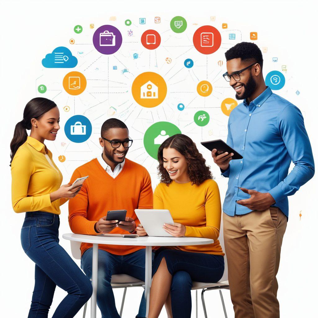 A dynamic scene illustrating a diverse group of individuals comparing insurance plans on various digital devices, surrounded by icons of affordability and security, such as shields and checkmarks. The environment should feel inviting and informative, with graphs and infographics subtly integrated. A sense of teamwork and empowerment radiates from the group, inviting viewers to explore their options. vibrant colors. modern design. white background.