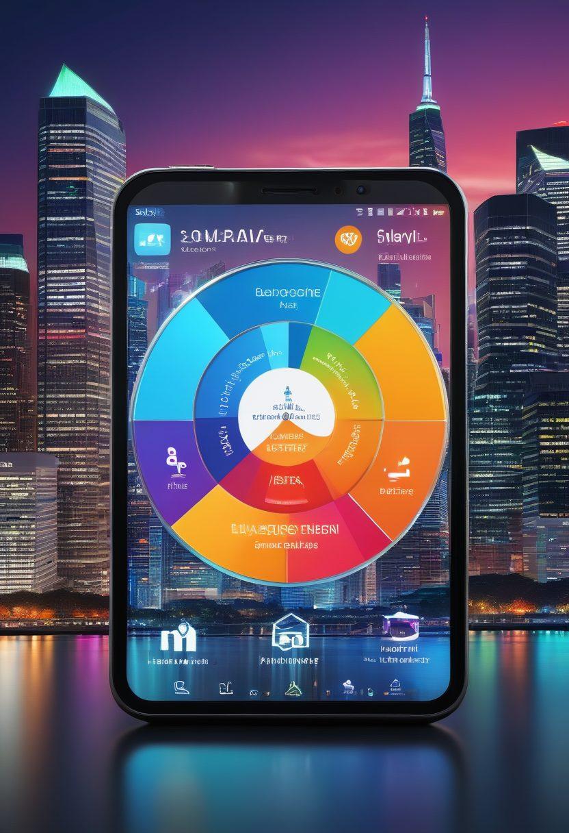 A montage of digital tools and apps overlaying a city skyline, with a central focus on a smart device displaying insurance charts and graphs. Include visual elements like a magnifying glass highlighting the words 'Smart Coverage,' and icons representing various insurance sectors like health, auto, and travel. The background should have a futuristic, tech-savvy ambiance, symbolizing the digital transformation in insurance. vibrant colors. 3D.