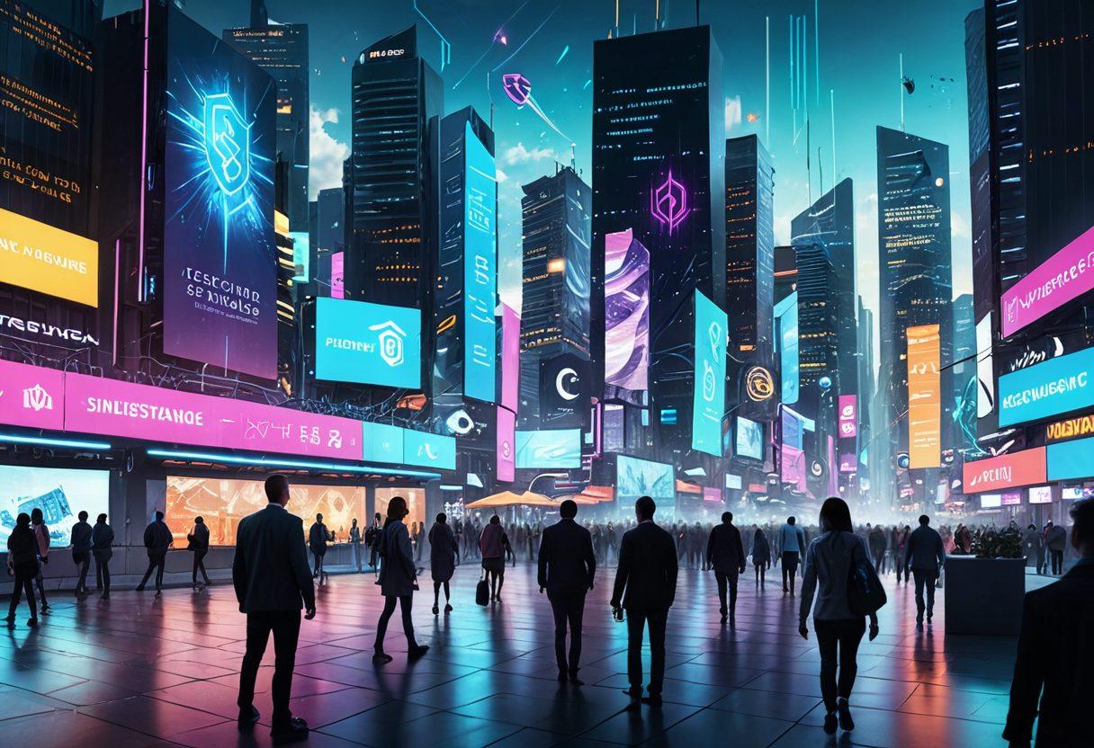 A futuristic landscape depicting a digital interface overlaying an urban cityscape, with diverse people interacting with holographic insurance plans and coverage options. Include symbols like shields and checkmarks that represent safety and security amidst vibrant data streams. Incorporate elements of technology, such as laptops and smartphones, highlighting the online aspect of insurance. Bright, eye-catching colors to engage the audience. cyberpunk. super-realistic.